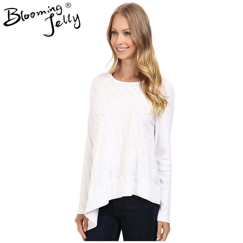 Angled Hem Crew Neckline White Knitted Cotton Top Women'S 2016 Loose