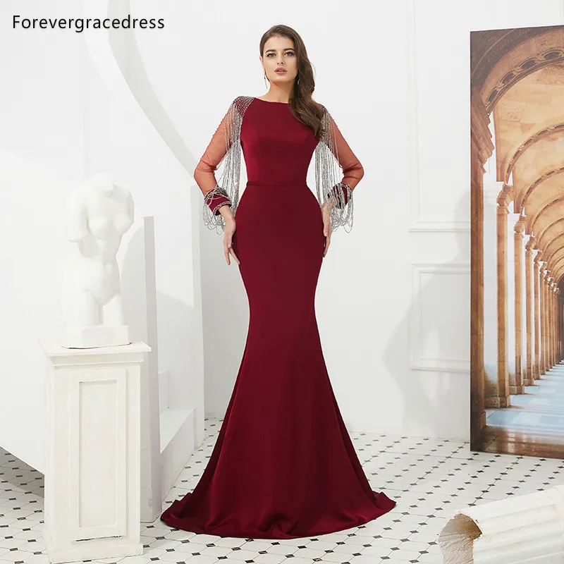 Женское платье с кисточками Forevergracedress бордовое вечернее длинными рукавами