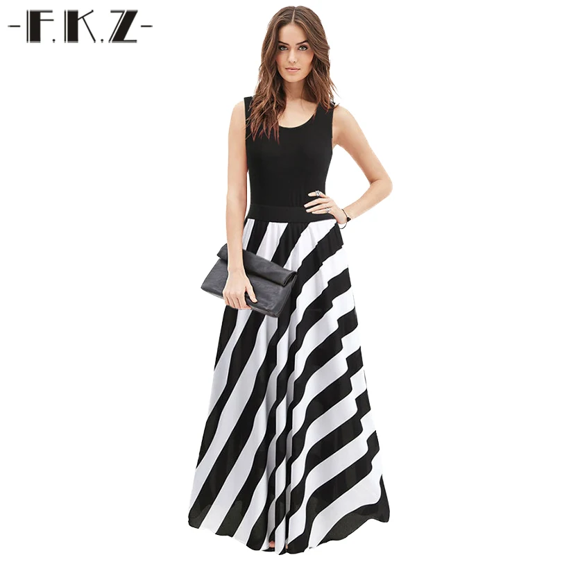 FKZ Women Summer Cotton Stripe Evening Party Dress