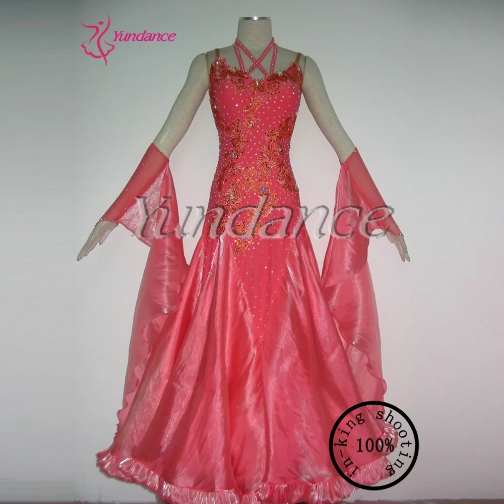 Арбузное красное красивое платье для бальных танцев оптом для стандартных B-11305