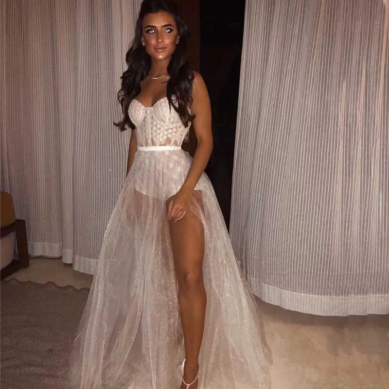 

Wholesale 2019 New woman's dress white Strapless Mesh perspective Sexy celebrity Boutique cocktail party bandage long dress