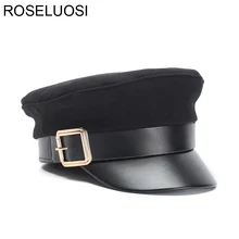 ROSELUOSI, женские черные шапки в стиле милитари, Осень-зима, модная шерстяная шапка из искусственной кожи в стиле пэчворк, кепки с поясом для женщин, Gorras