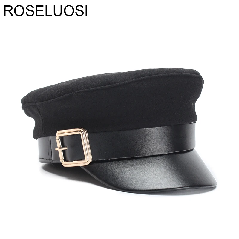 

ROSELUOSI Women Black Military Hats Autumn Winter Fashion Wool Pu Leather Patchwork Newsboy Caps With Belt Female Gorras