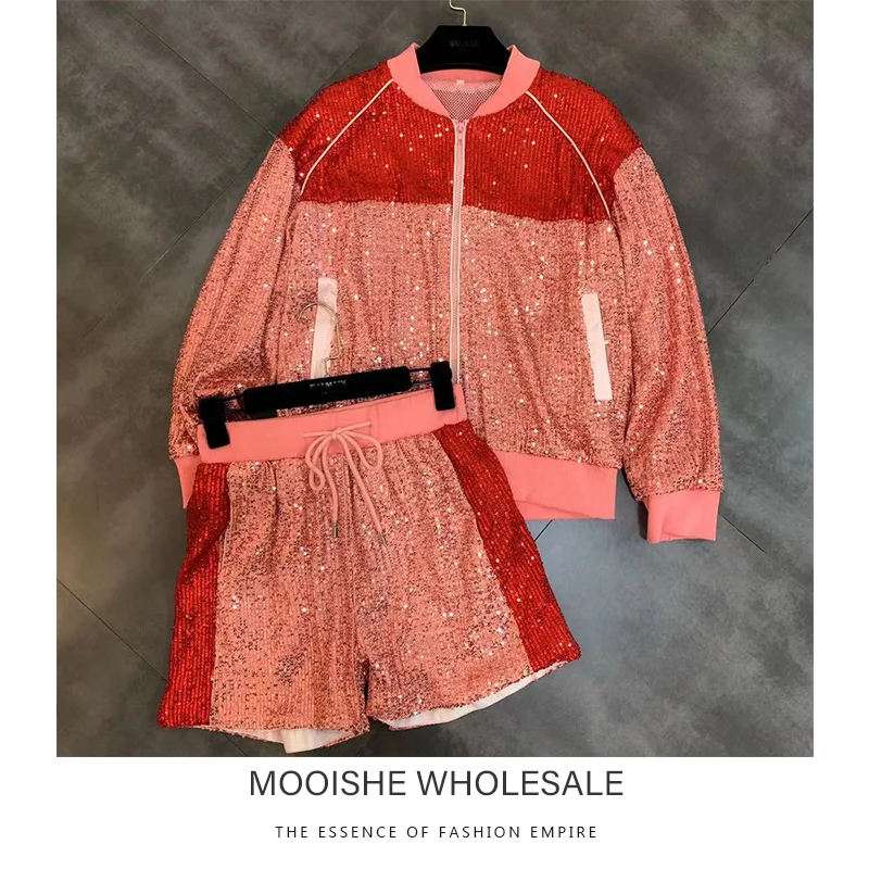 

Orange Sequins Women 2 Piece Set Jacket And Shorts Set For Summer Spring