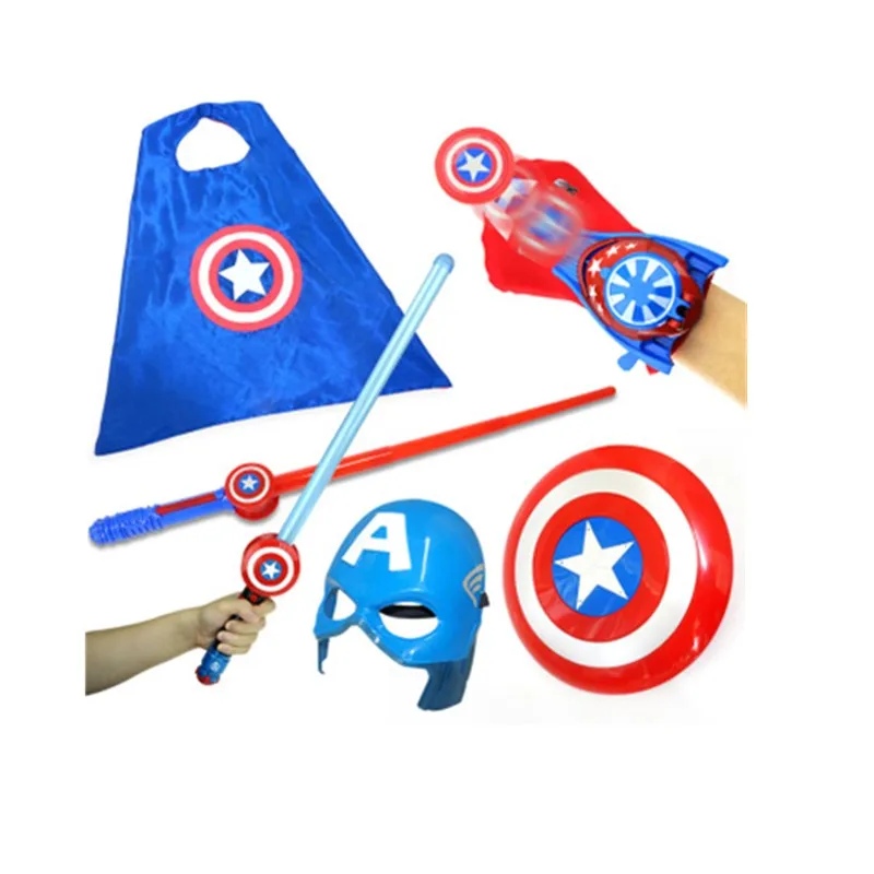 

Play Suit Cospiay Captain America Props PVC Captain America's Mask Cape Shield Fire Glove And Sword Action Figure Toy