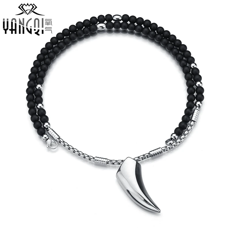 Norse Vikings Wolf Teeth Pendant Necklaces Silver Stainless Steel Chain Black Stone Strand Beads Necklaces Ethnic Jewelry Men Norse Vikings Wolf Teeth Pendant Necklaces Silver Stainless Steel Chain Black Stone Strand Beads Necklaces Ethnic Jewelry Men