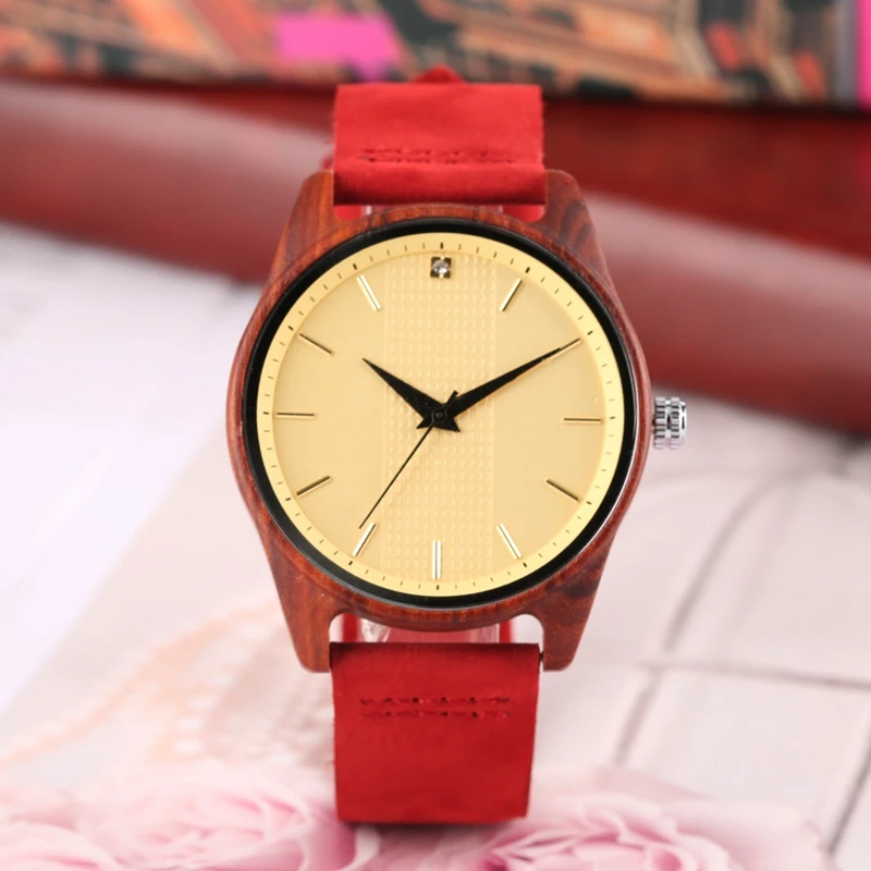 

Unique Women Watch Wood Case Clock Men Modern Quartz Diamond Dial Lucky Red Soft Leather Bracelet Watch Womens Wrist Reloj Mujer