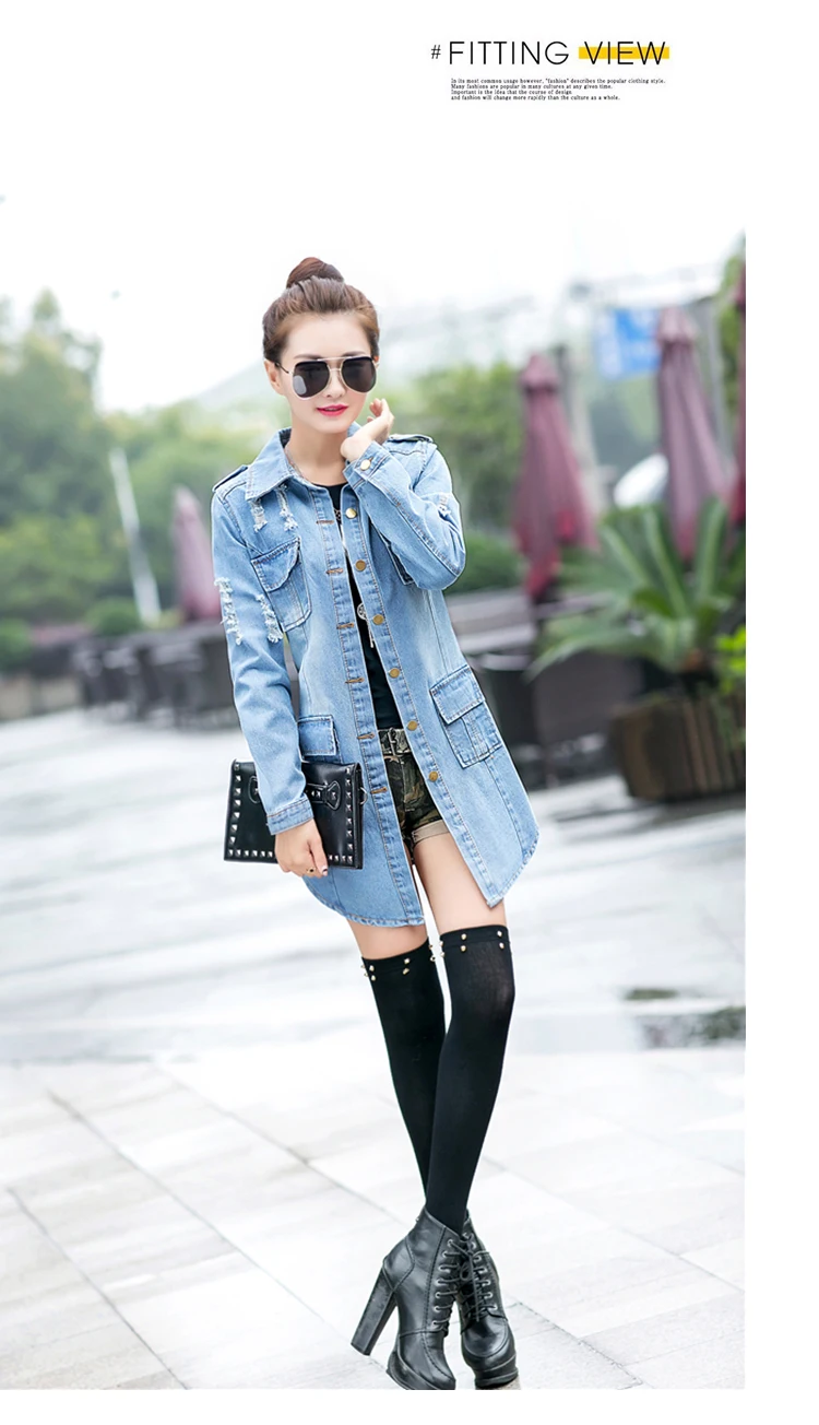 Осенние джинсовые куртки с дырками размера плюс S-3XL тонкие джинсы Верхняя одежда Топы с длинными рукавами кардиган ковбой средней длины пальто для женщин