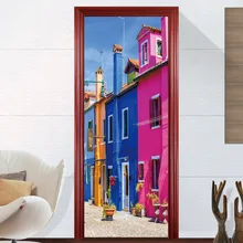 3D Scene Building House Street Cliff Door Sticker Home Bedroom Living Room Decor Wall Stickers Poster Waterproof Decal 2pcs