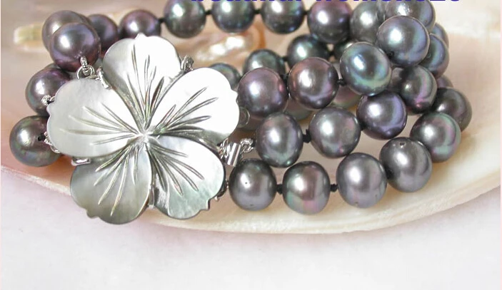 

hot sale FREE SHIPPING n1021 beautiful 3strands 11mm black round pearl bracelet bangle Natural >>free shipping