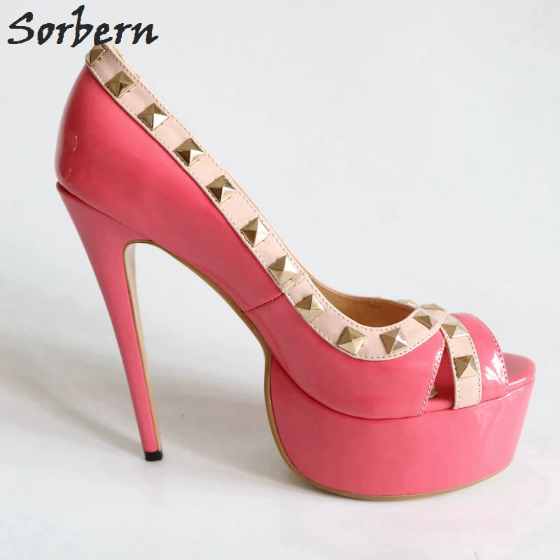 Custom rosy Mujeres Remache Sorbern Slip Service Cuero Plataforma Red Gran Con Fucsia Toe De Alta Tacón Peep En Zapatos Las 8UqwFa1x