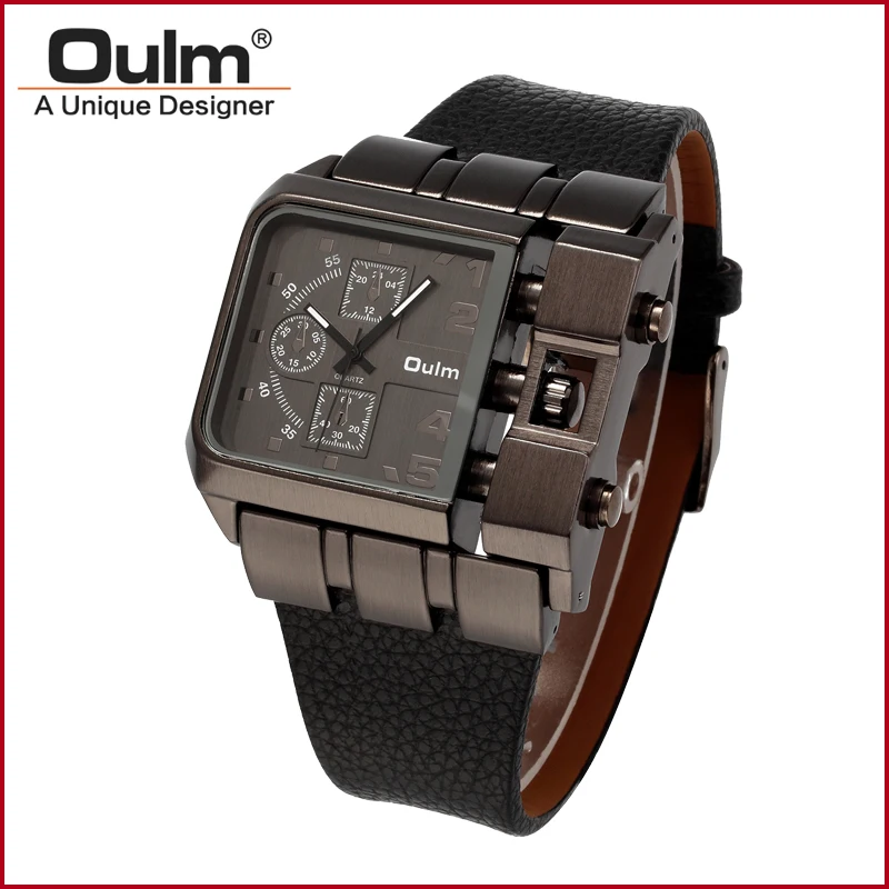 font b Oulm b font 3364 Military Quartz Watch Leather Strap Rectangle Dial Famous Brand