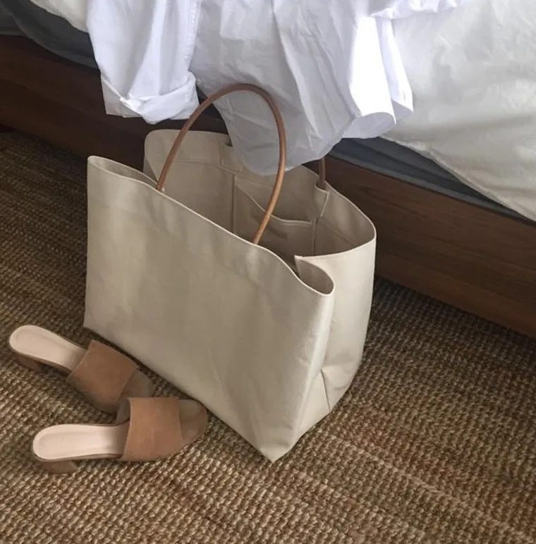 

casual tote canvas solid soft open handle bags slot pocket versatile ins fashion korea style