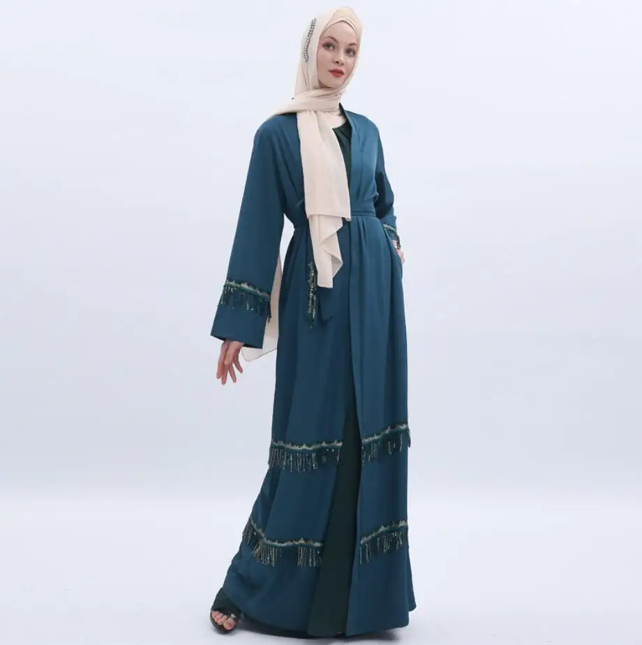 2019 Новая мода женщин свободный мусульманский халаты пайетки кисточки кардиганы турецкий мусульманское платье плюс размер 2xl a1218