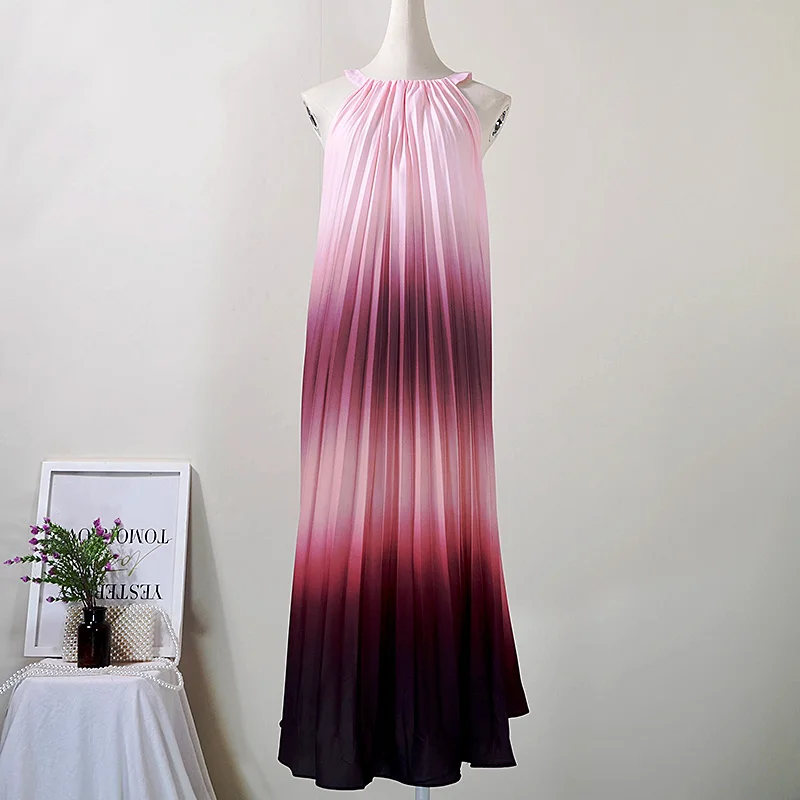 Летнее модное женское длинное платье макси, шикарное свободное плиссированное платье с градиентом цвета, женское вечернее платье без рукавов с лямкой на шее - Цвет: Розовый