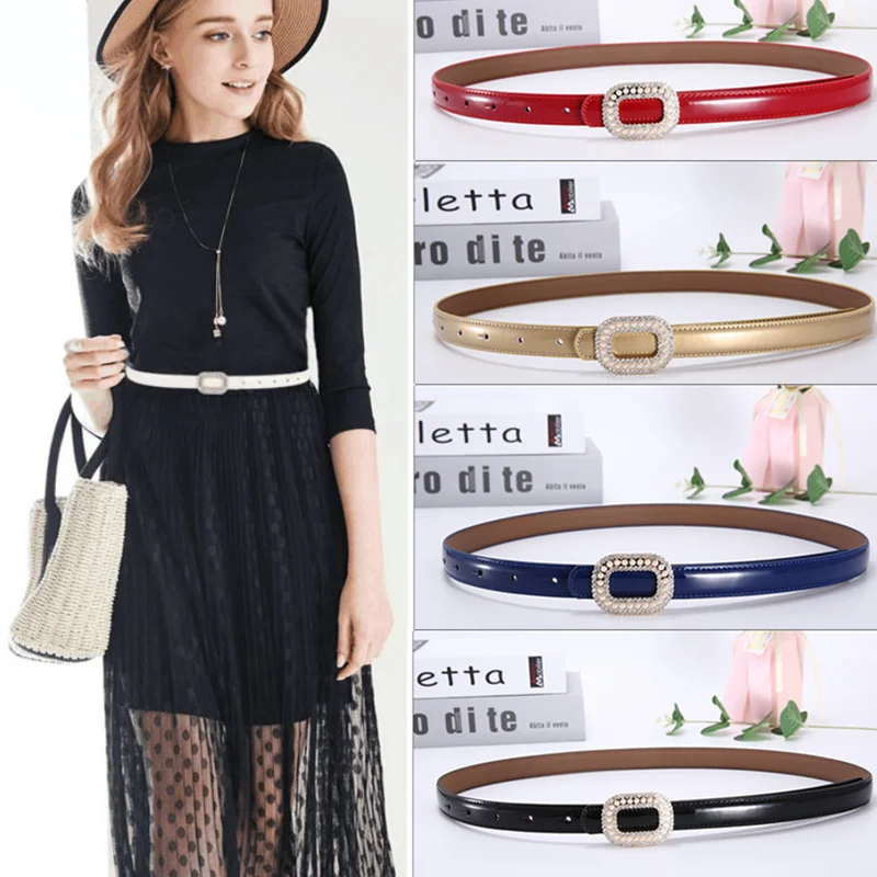

New Designer Thin Belts For Women High Quality Luxury Brand Pearl Smooth Buckle Genuine Leather Waist Belt Female Dress Girdle