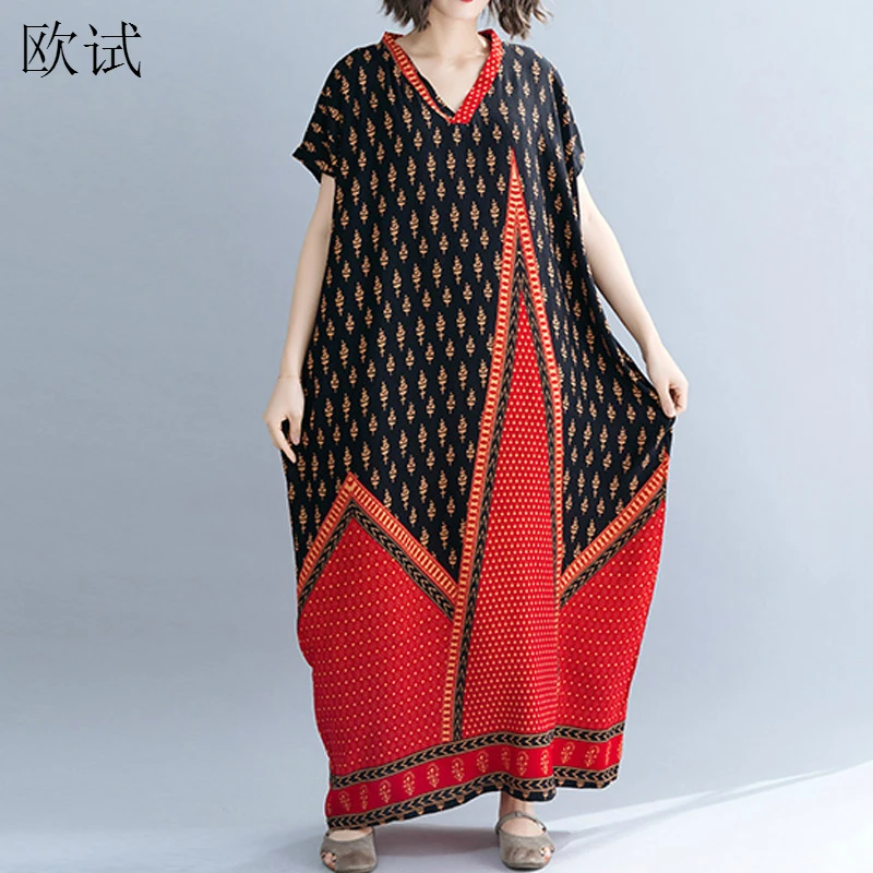 

Plus Size Beach Dresses for Women 2019 Summer Ethnic Floral Print Dress Patchwork Large Batwing Maxi Boho Dress 4XL 5XL 6XL 7XL