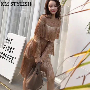 

Autumn Women 2018 New Thai Tide Brand Temperament Cape Layer Tassel Long Sleeve Waist Straight Mini Gold Black Dress