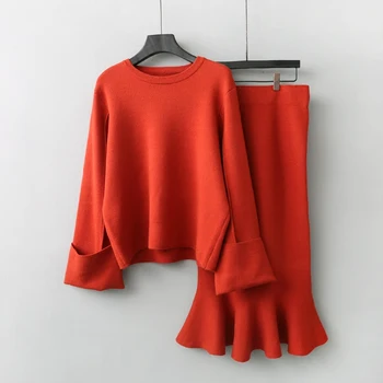 

Autumn 2019 Women Knitted Two Pieces Set Woolen Sweater + Lady Fashion All-match Solid Color Slim Lotus Fishtail Skirt Suit