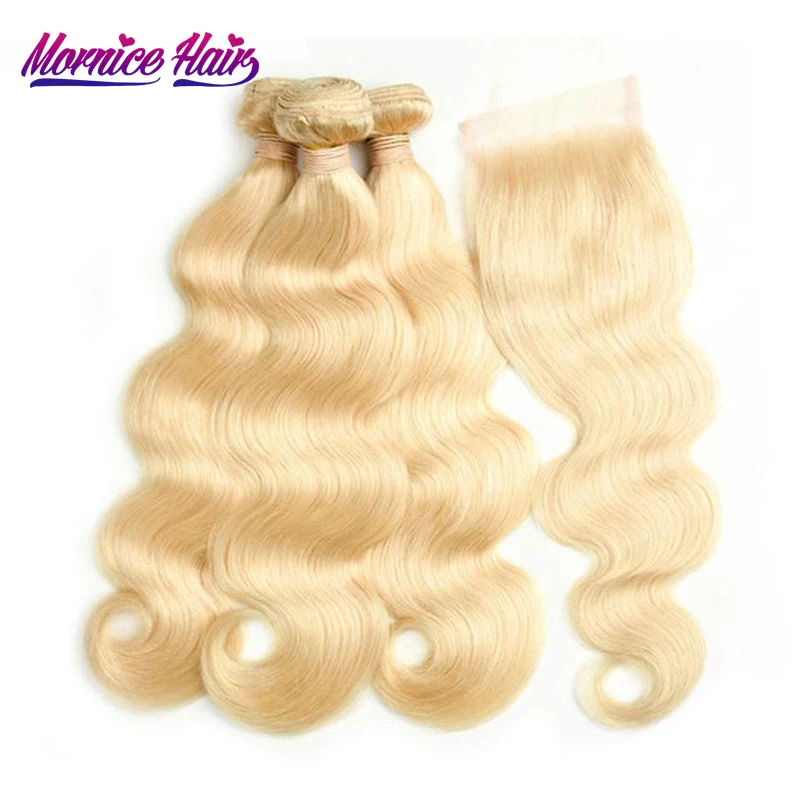 Brazilian Body Wave 3 Bundles Hair With Closure 613 Color Human Hair Blond Bundles With Closure Remy Hair Extensions Mornice