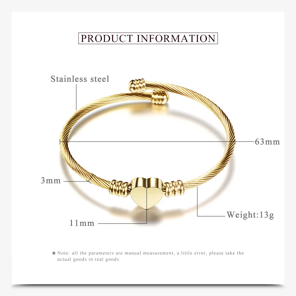 Stainless Steel Twisted Cable Wire Heart Charms Bracelets Bangles Gold Silver Color Open Adjustable Bracelet for Women Jewelry