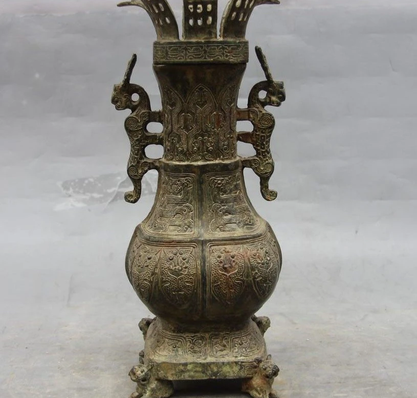 

China Dynasty Bronze Copper Dragon Ear Dog Tank Crock Flask kettle Bottle Pot
