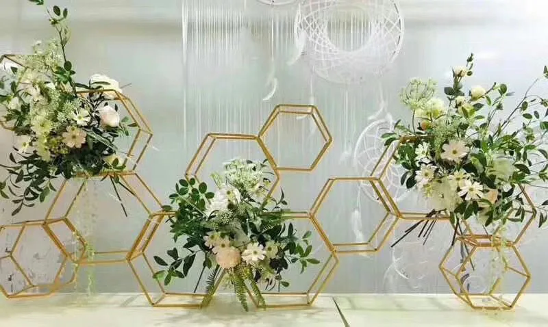 Flone Artificial Creative Hexagonal Wedding Background Layout T Station Road Lead Flowers Props Iron Art Scene Design Decoration (9)
