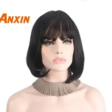 Парики из искусственных волос без шапочки-основы короткий кудрявые черный парик с чёлкой