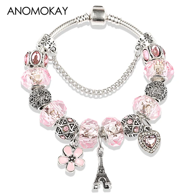 2019 Hot Silver Color Eiffel Tower Heart Flower Pendants Charm 2019 Hot Silver Color Eiffel Tower Heart Flower Pendants Charm Pandora Bracelet Bangle Diy Pink