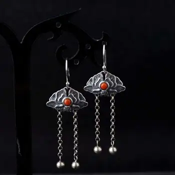 

FNJ 925 Silver Tassel Drop Earrings for Women Jewelry Red agate Stone 100% S925 Sterling Silver boucle d'oreille Earring