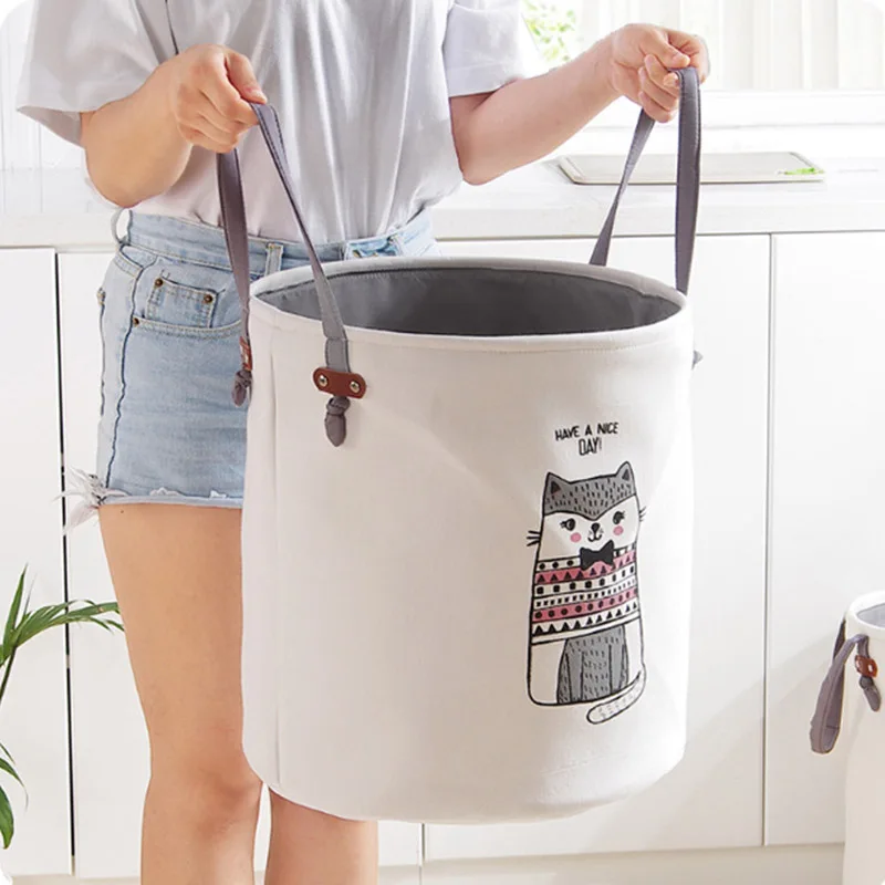 

Multifunctional Foldable Imitation Linen Printed Laundry Basket Washable Round Clothes Bag with Handles Hogard AP16
