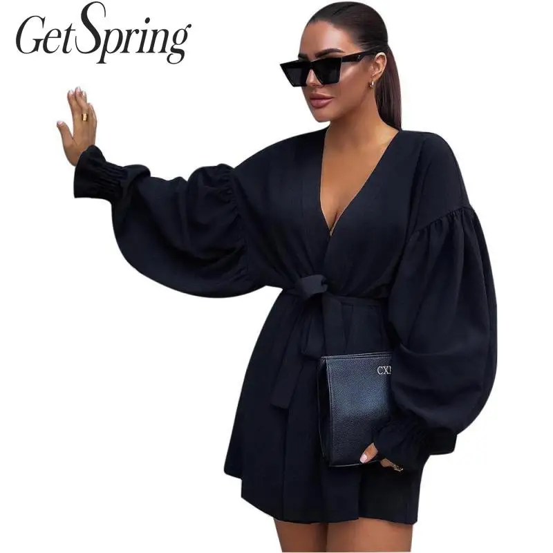 

GETSPRING Women Dress Deep V Neck Puff Sleeves Vintage Dresses Long Sleeve Bandage High Waist Black Dress Sexy Summer Dresses