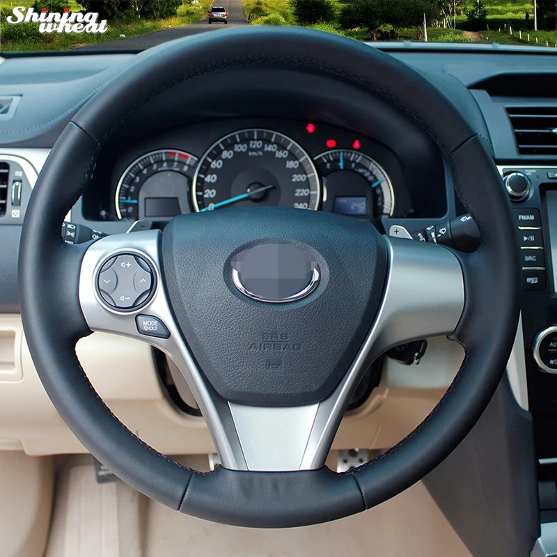 

Чехол рулевого колеса из блестящей черной кожи с ручной строчкой для Toyota Camry 2012