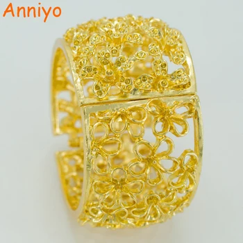 

Anniyo Flowers Large Bracelet for Women,Gold Color Flower Big Bangle With Spring GP Jewelry Trendy #041006