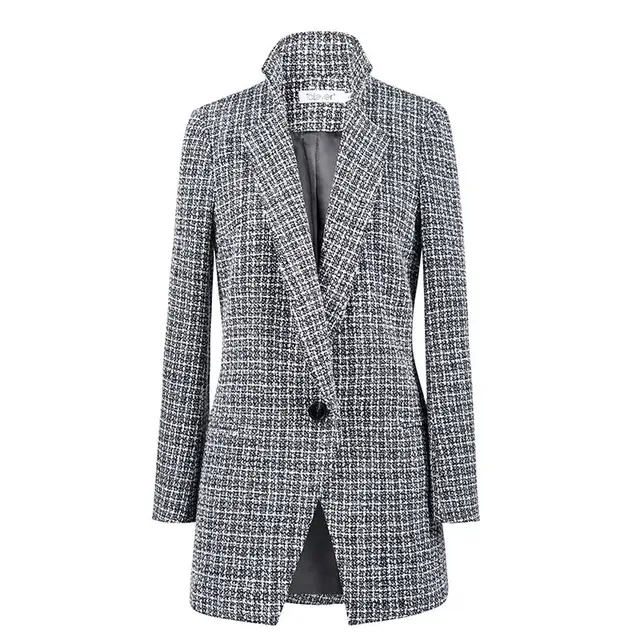 Women Houndstooth Tweed Coat Autumn Winter Long Sleeve Single Button Wool Coat Jacket Female