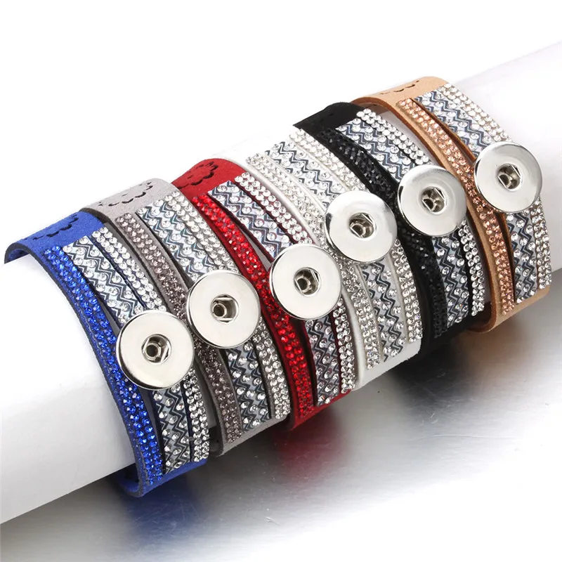 New Rhinestone Snap Bracelet/Bangle Leather Rope Bracelets Fit DIY 18mm Button Jewelry For Women ZE481 | Украшения и аксессуары