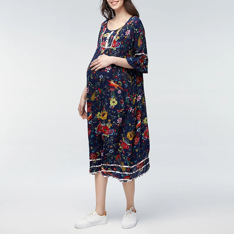VONDA Одежда для беременных 2019 для беременных женщин, ежедневные свободное платье до середины икры 3/4 рукав с цветным Ретро принтом