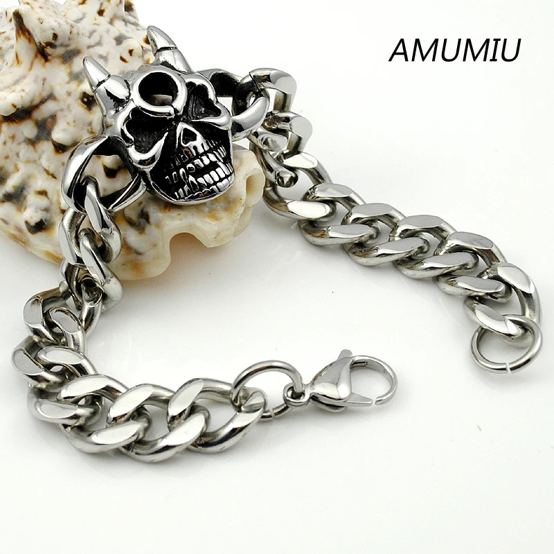 AMUMIU крутой мужской браслет из нержавеющей стали с черепом, стальной высококачественный Байкер, мужской браслет с черепом, цепочка, заводская цена HB035