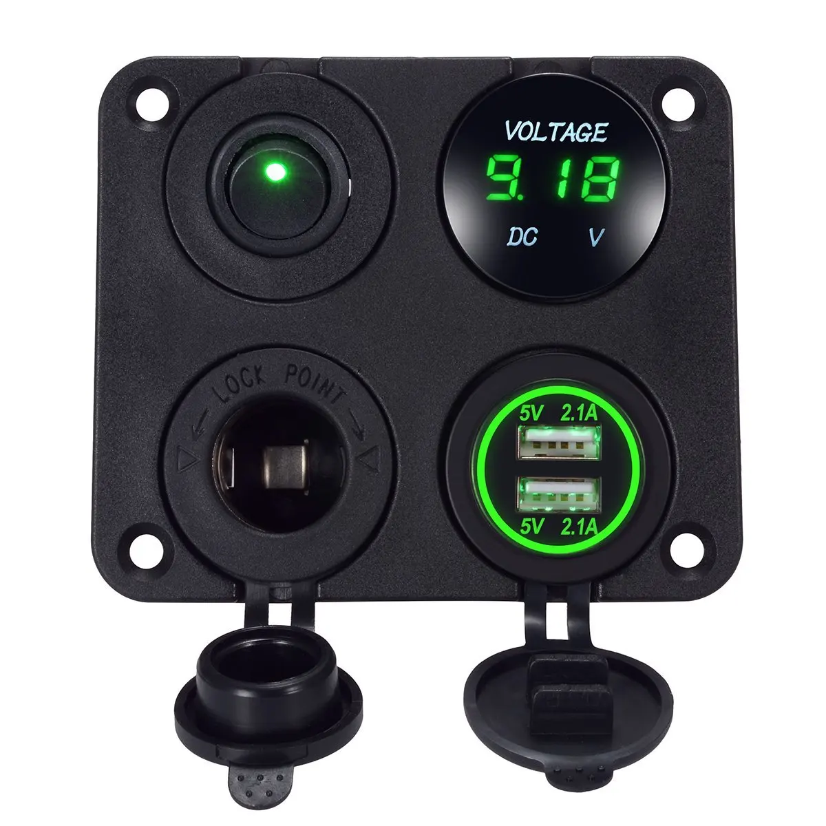 

USB Charger 2.1A & 2.1A Green Voltmeter Power Outlet ON-OFF Switch Four Functions Panel for Car Boat Marine RV Truck Vehicles