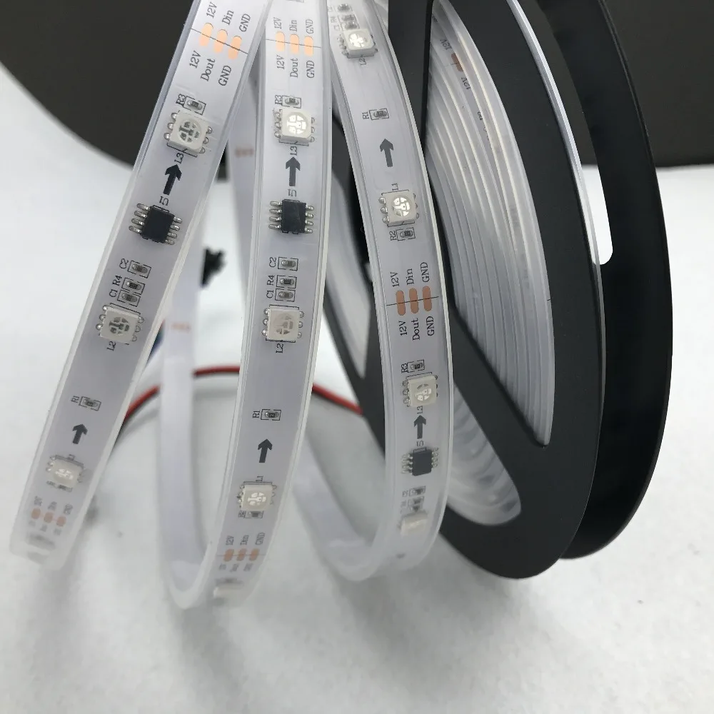 

5m led digital strip,DC12V input,WS2811IC(256 scale);10pcs IC and 30pcs 5050 SMD RGB each meter;waterproof in silicon tube