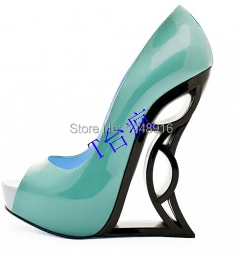 

2019 Women Peep Toe Pumps Patent Leather High Heel Wedge Pumps Cut Out Heel Shoes Party Dress shoes sapatos femininos