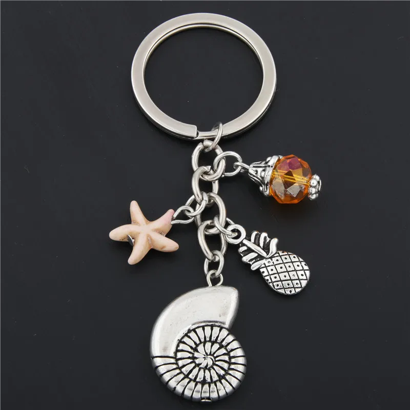 

1pc Shell Starfish Key Chain Key Ring Silver Pineapple Keychains For Car Metal Pendant Bag Charm Keyring Summer Jewelry E1684