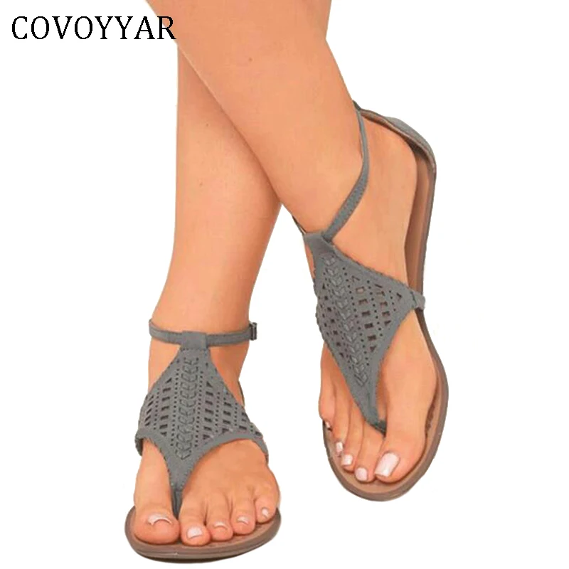 

COVOYYAR 2018 Summer Women Flat Sandals Cut Out Roman Thong Gladiator Sandals Lady Beach Boho Flip Flops Plus Size WSS396