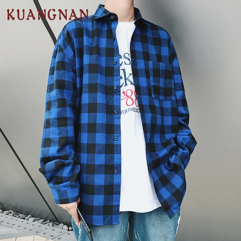 

KUANGNAN Hip Hop Plaid Men Shirt Long Sleeve Casual Slim Fit Streetwear Men Shirt Man Blue Casual Shirt Men Clothes 2019 Autumn