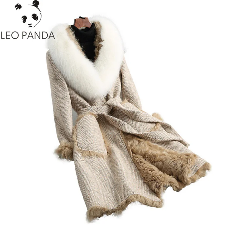 

2018 Superior quality Real Fur Coat Big Natural Fox Fur Collar Coats Women Real Lamb Fur Liner Wool Blend Tweed Winter Jacket