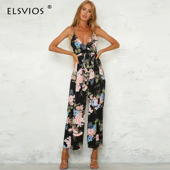 

ELSVIOS Boho Women Jumpsuits Summer Floral Print Backless Strap Beach Playsuit Sexy V Neck Split Wide Leg Jumpsuit Overalls Belt