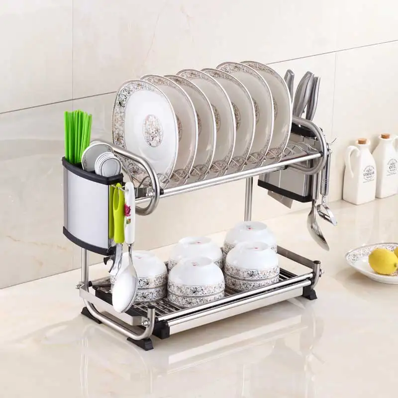 Двухуровневая стойка для посуды, 2 уровня, нержавеющая пластина посуда чашка-держатель с лотком, стальная сушилка для пиал, кухонная полка - Цвет: Deck Mounted