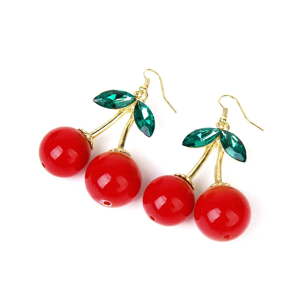 Hot sale New Fashion Lovely Red cherry earrings rhinestone leaf bead