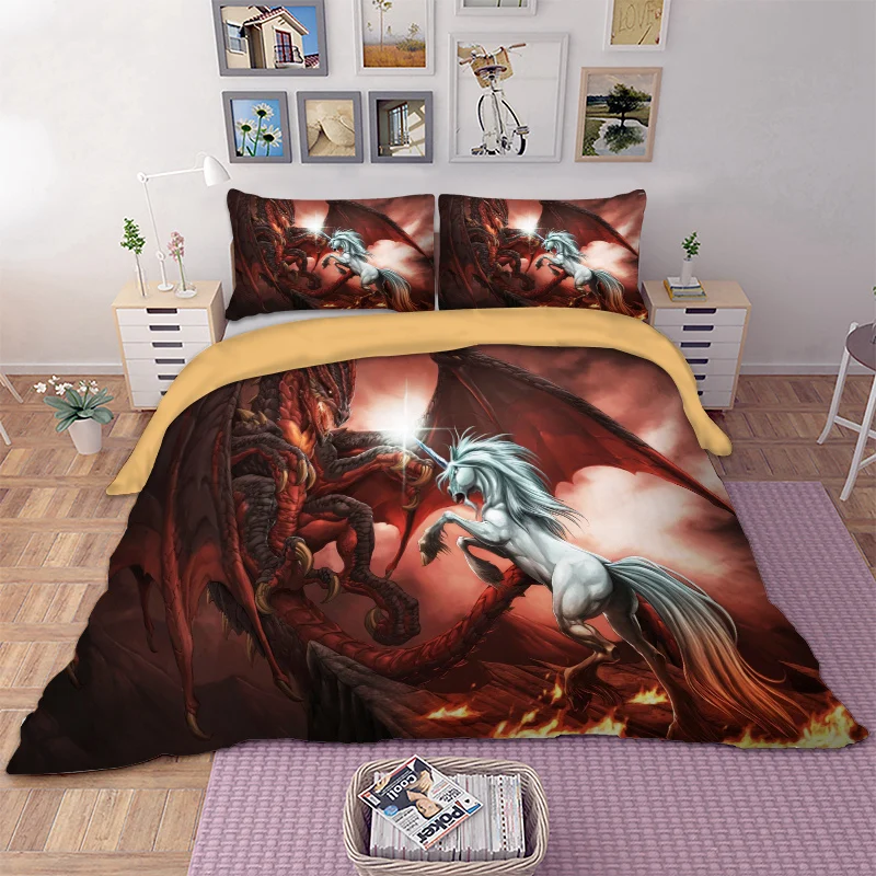 

Brave Unicorn Duvet Cover Pillow Cases Twin Full Queen King Super King Size Animal Bedclothes Bed Lines 3D Bedding Set 3pcs