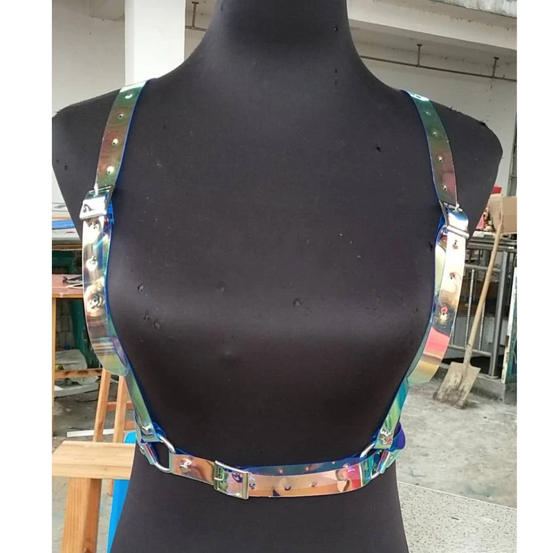 

100% Handmade Punk Gothic Holographic Star Leather Harness Rainbow Hologram Choker Waist Belts Suspender Straps